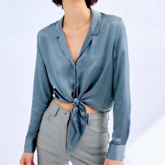 BRAND NEW Wilfred Tie Front Blouse - Granite Blue ARITZIA - Picture 2 of 9